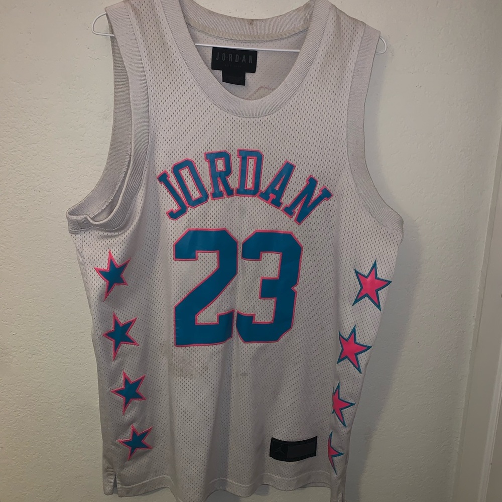 Jordan White Miami Basketball Jersey Pink and Blue Men’s L Large